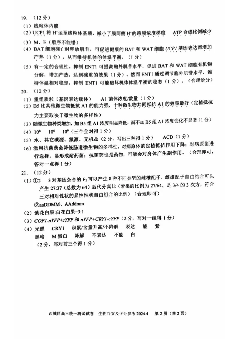 2024北京西城高三一模生物试题及答案(1)_2024年4月_024月合集_2024届北京市东城区高三一模