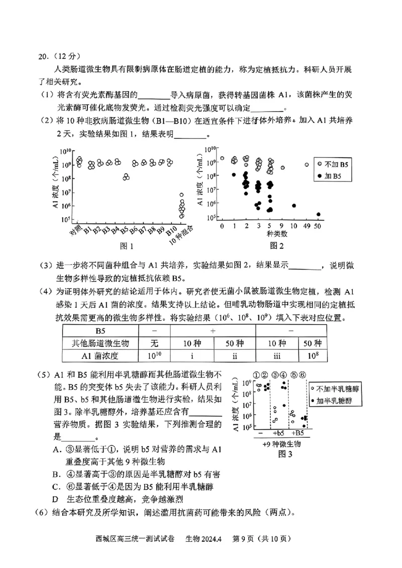 2024北京西城高三一模生物试题及答案(1)_2024年4月_024月合集_2024届北京市东城区高三一模