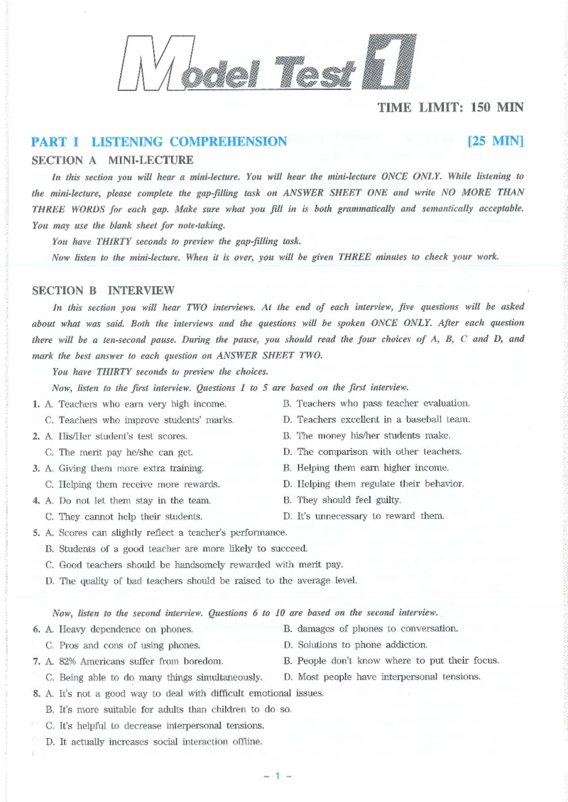 Modeltest1​_2025专四专八真题及备考资料_2009-2024专八真题+备考资料_24专八预测押题卷_专八押题卷7套_第1套预测+解析+听力