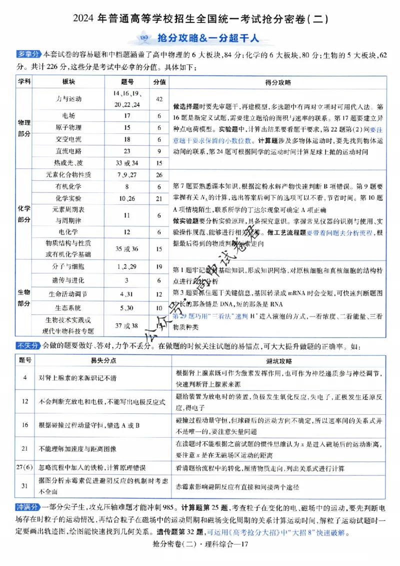 评分标准一题一模板理科综合答案_2024高考押题卷_12024天星全系列_tx抢分密卷_tx抢分密卷（老教材）