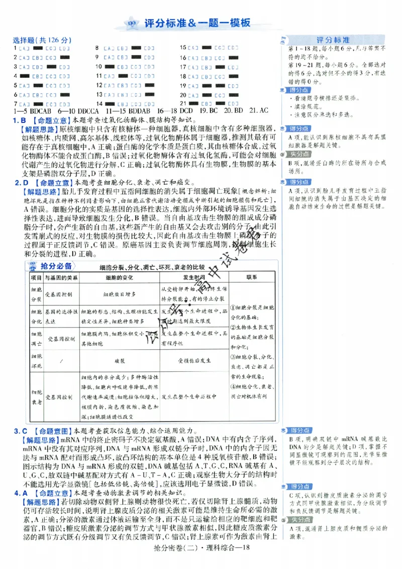 评分标准一题一模板理科综合答案_2024高考押题卷_12024天星全系列_tx抢分密卷_tx抢分密卷（老教材）