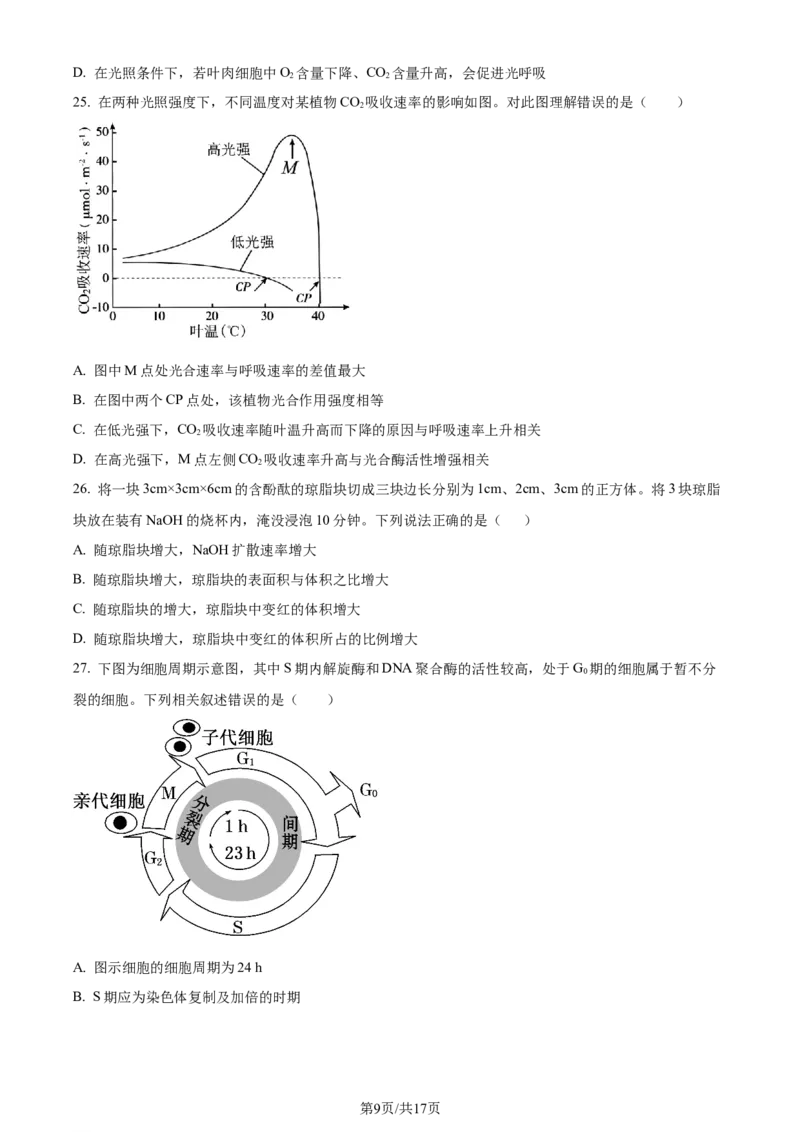 精品解析：四川省成都市石室中学2023-2024学年高三上学期开学生物试题（原卷版）_2023年9月_01每日更新_3号_2024届四川省成都市石室中学高三上学期开学考试