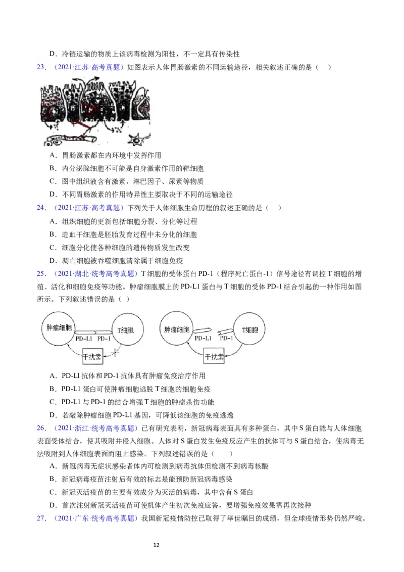 专题16免疫调节-五年（2019-2023）高考生物真题分项汇编（全国通用）（原卷版）_赠送：2008-2024全套高考真题_高考生物真题_送高考生物五年真题(2019-2023)分项汇编（全国通用）