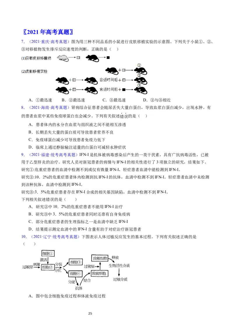 专题16免疫调节-五年（2019-2023）高考生物真题分项汇编（全国通用）（原卷版）_赠送：2008-2024全套高考真题_高考生物真题_送高考生物五年真题(2019-2023)分项汇编（全国通用）
