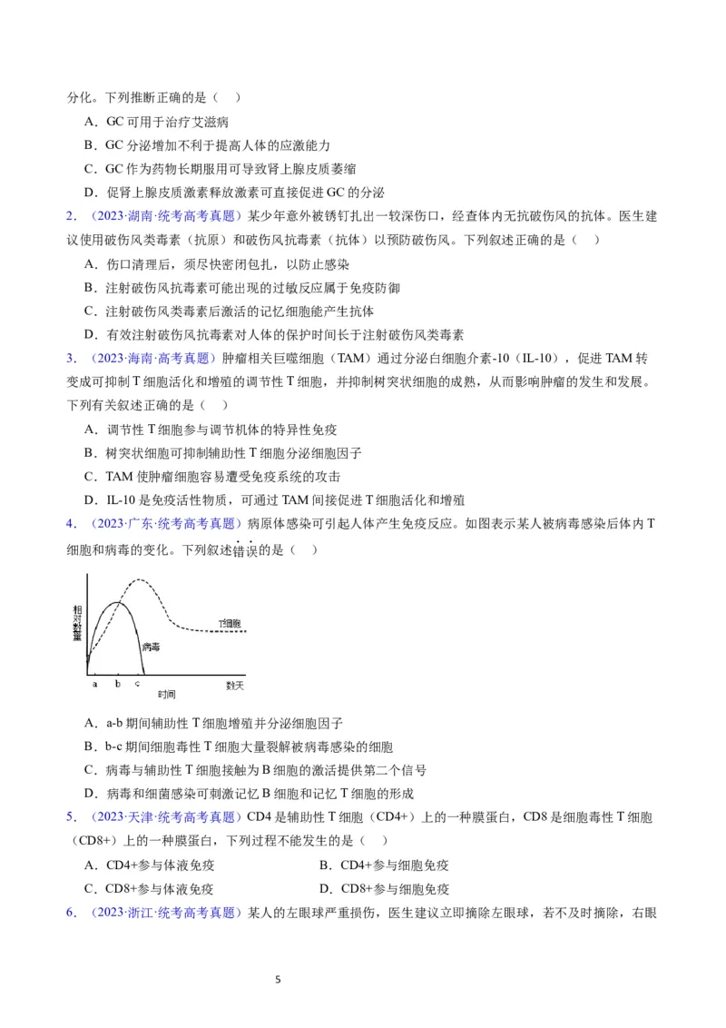 专题16免疫调节-五年（2019-2023）高考生物真题分项汇编（全国通用）（原卷版）_赠送：2008-2024全套高考真题_高考生物真题_送高考生物五年真题(2019-2023)分项汇编（全国通用）