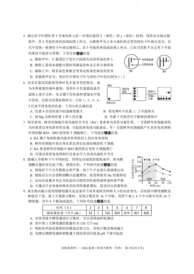2024届江苏省决胜新高考高三下学期4月大联考生物试题（含答案）(1)_2024年4月_024月合集_2024届江苏省决胜新高考高三下学期4月大联考