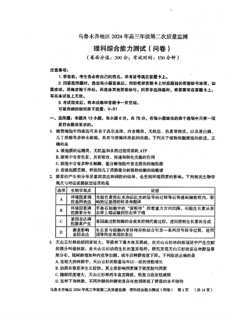 2024届新疆维吾尔自治区乌鲁木齐地区高三下学期第二次质量监测（二模）理综试题_2024年3月_013月合集_2024届新疆区乌鲁木齐高三下学期第二次质量监测