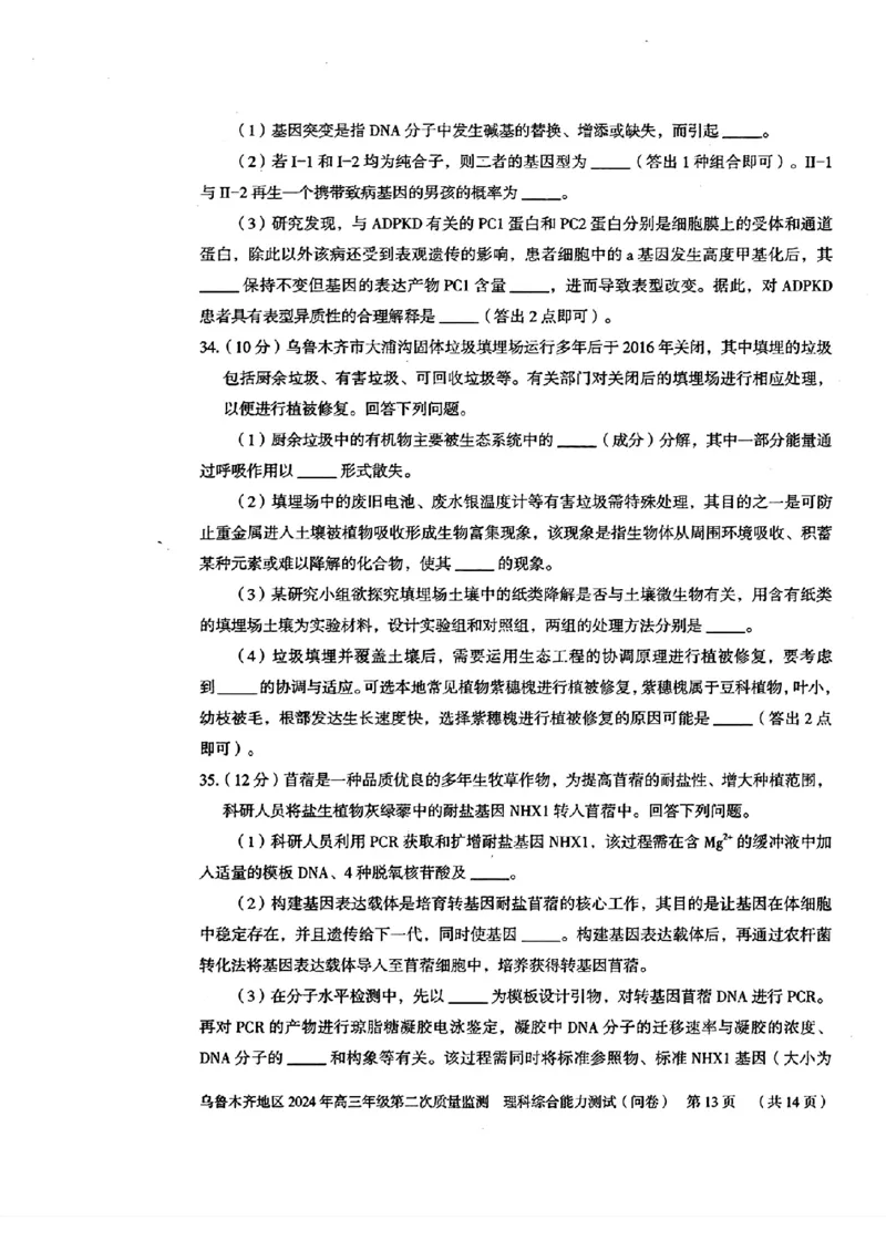 2024届新疆维吾尔自治区乌鲁木齐地区高三下学期第二次质量监测（二模）理综试题_2024年3月_013月合集_2024届新疆区乌鲁木齐高三下学期第二次质量监测