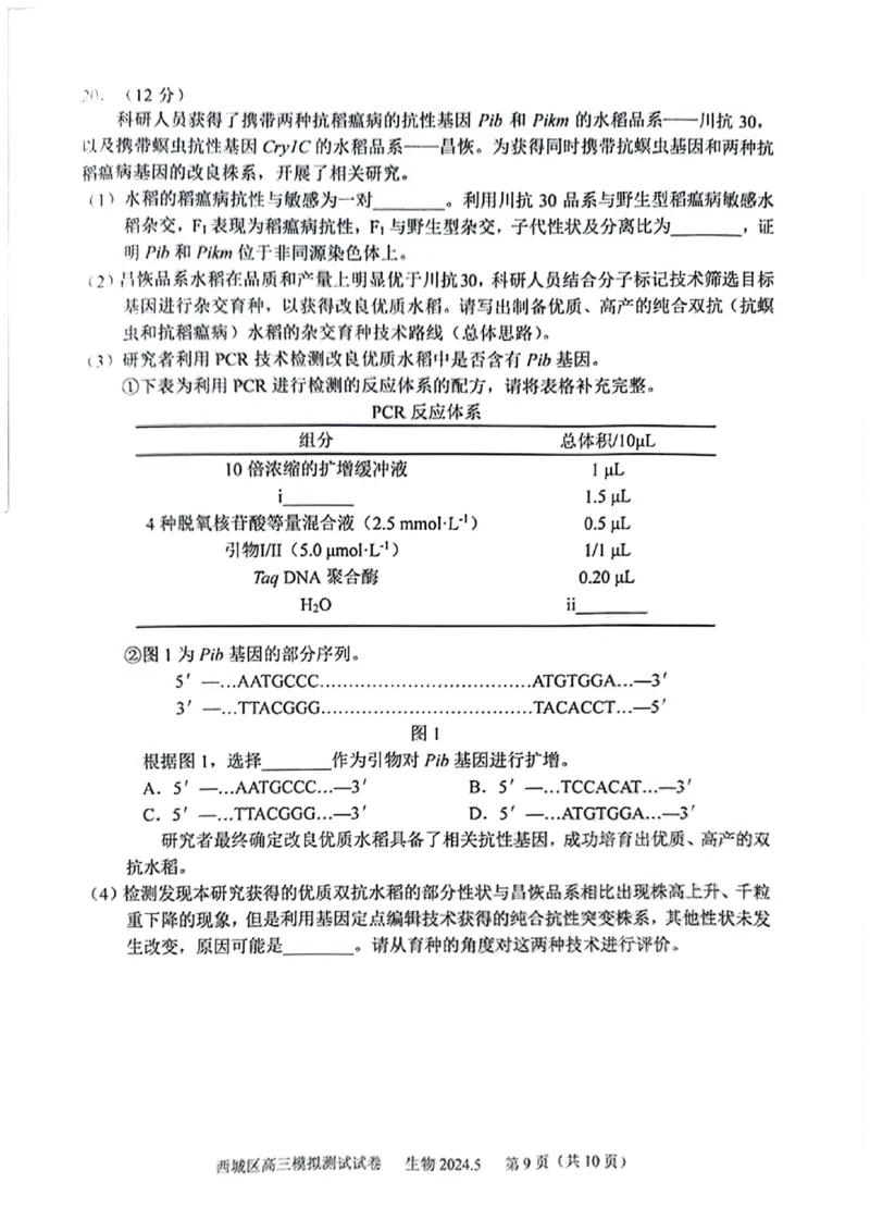 2024北京西城高三二模生物试题及答案(1)_2024年5月_025月合集_2024届北京西城高三二模