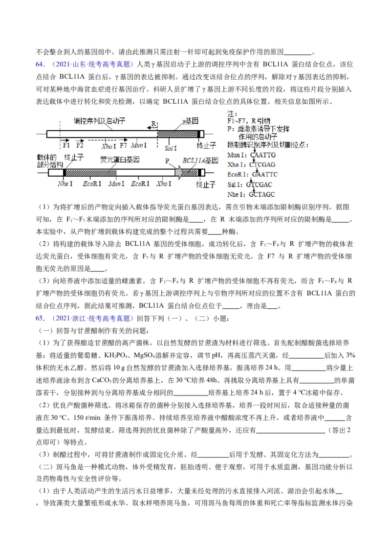 专题21基因工程-五年（2019-2023）高考生物真题分项汇编（全国通用）（原卷版）_赠送：2008-2024全套高考真题_高考生物真题_送高考生物五年真题(2019-2023)分项汇编（全国通用）