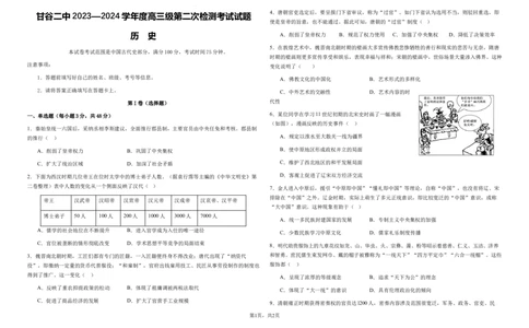 高三级第二次检测考试历史试题(1)_2023年10月_0210月合集_2024届甘肃省天水市甘谷县第二中学高三上学期第二次检测考试（10月）