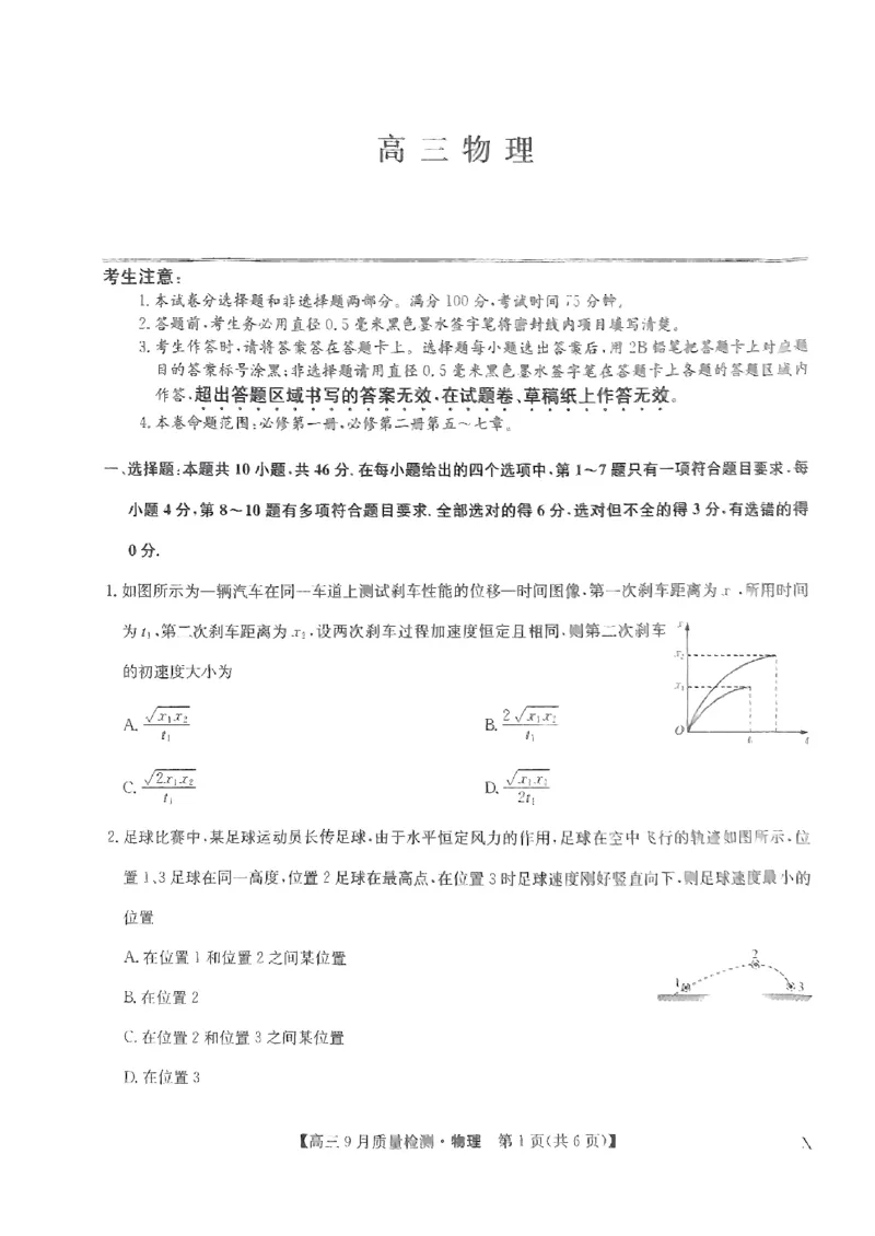 河南省九师联盟204届高三9月质量监测（X）物理_2023年9月_01每日更新_27号_2024届河南省九师联盟高三9月质量监测（X）_河南省九师联盟204届高三9月质量监测（X）物理