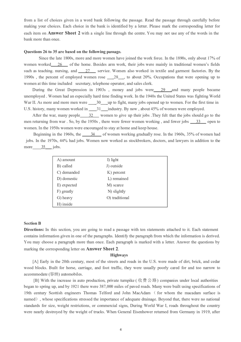 四级通关模拟卷第四套_英语四六级整合_英语四六级真题版本一此版本可作为补充_大学英语CET4_X0_03-四级模拟题_四级模拟题1-5套（赠送）_四级通关模拟卷（4）