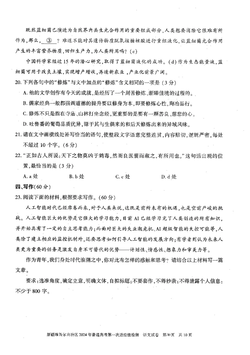 2024届新疆维吾尔自治区高三第一次模拟考试语文试题_2024年3月_013月合集_2024届新疆维吾尔自治区高三下学期第一次适应性_2024届新疆维吾尔自治区高三下学期第一次适应性语文