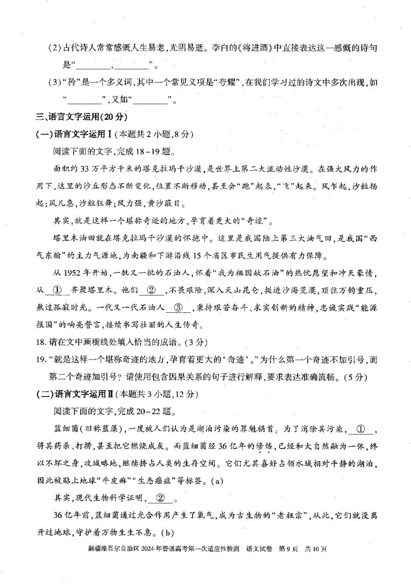 2024届新疆维吾尔自治区高三第一次模拟考试语文试题_2024年3月_013月合集_2024届新疆维吾尔自治区高三下学期第一次适应性_2024届新疆维吾尔自治区高三下学期第一次适应性语文