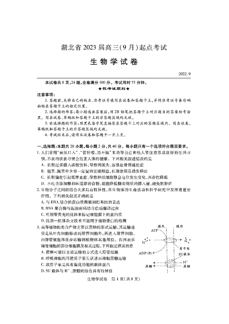 生物_2023年7月_01每日更新_30号_2023届湖北高三新起点9月联考_试卷