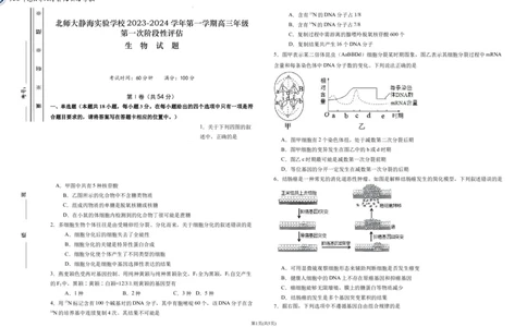 高三十月月考生物(1)_2023年10月_0210月合集_2024届天津市静海区北师大实验学校高三上学期第一阶段评估_天津市静海区北师大实验学校2024届高三上学期第一阶段评估生物