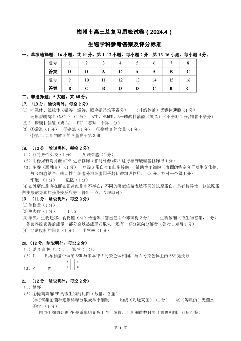 2024届广东省梅州市高三年级4月总复习质检（二模）生物试题+答(1)_2024年4月_024月合集_2024届广东省梅州市高三二模
