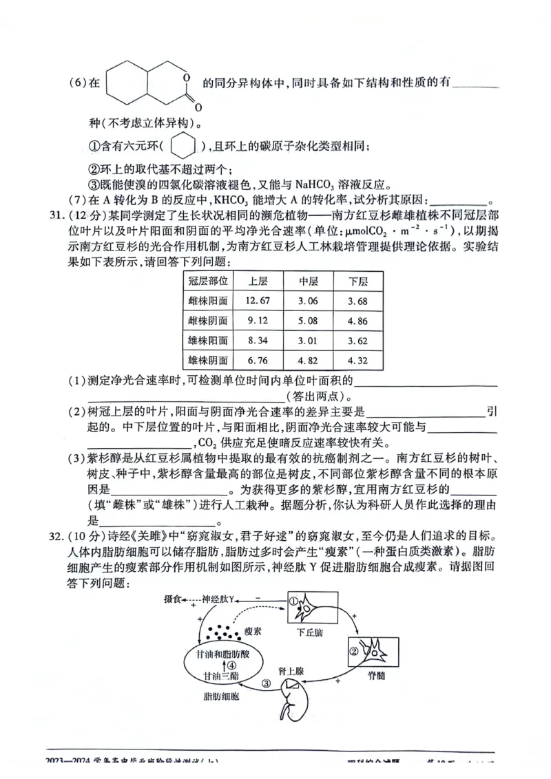2024天一大联考高中毕业班阶段性测试（七）理综无答(1)_2024年3月_013月合集_2024天一大联考高中毕业班阶段性测试（七）