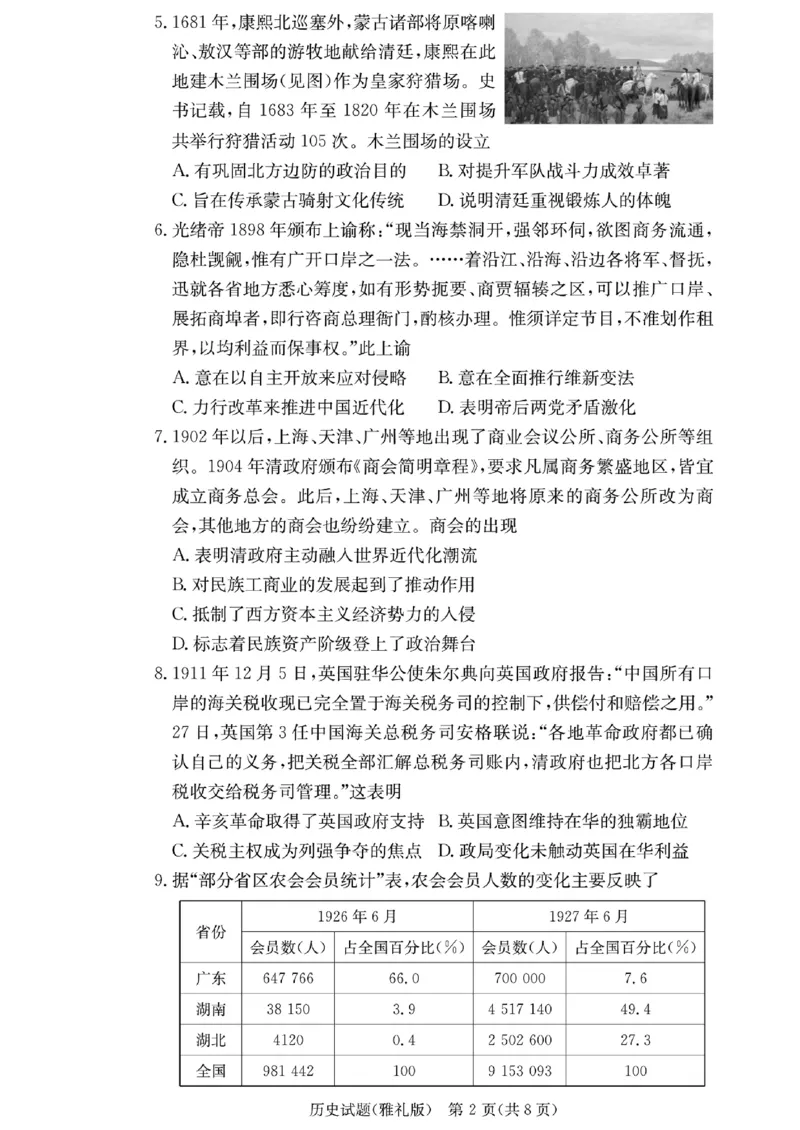 雅礼中学2023届高三月考试卷(二)历史(1)_2023年10月_0210月合集_2024届湖南省长沙市雅礼中学高三上学期月考试卷（二）_湖南省长沙市雅礼中学2024届高三上学期月考试卷（二）历史