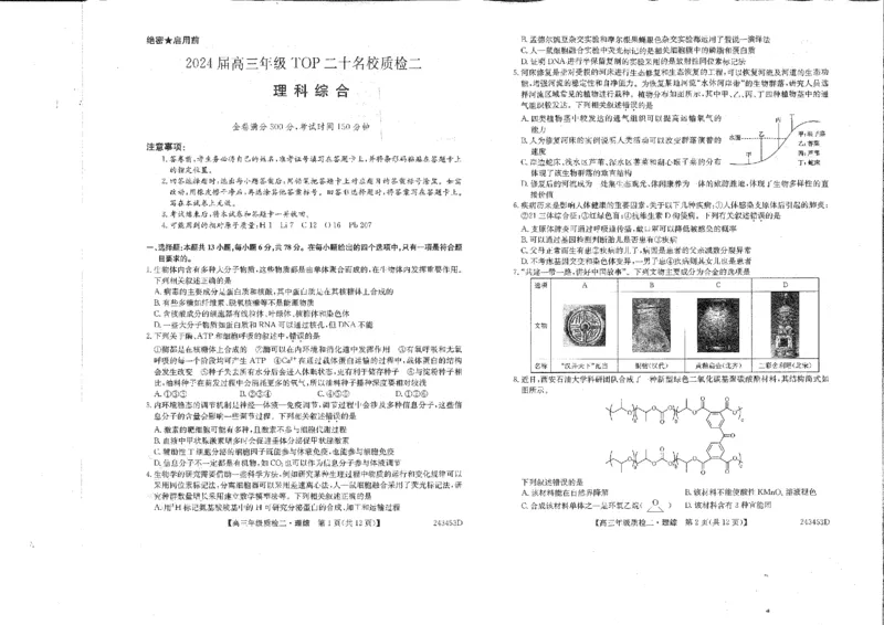 2024届河南省创新联盟TOP二十名校质检二(二模)理综(1)_2024年3月_013月合集_2024届河南省创新联盟TOP二十名校质检二(二模)