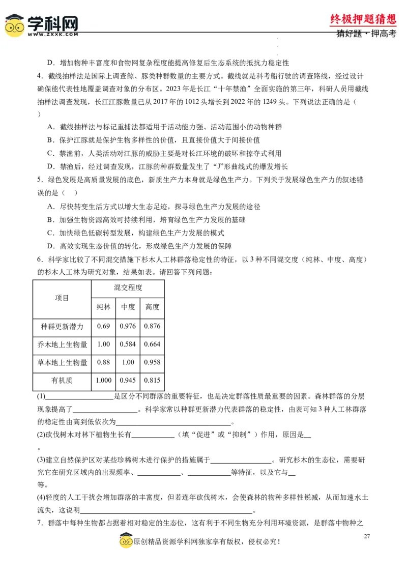 生物-2024年高考终极押题猜想（原卷版）_2024高考押题卷_62024学科网全系列_212024年高考终极押题猜想_生物-2024年高考终极押题猜想