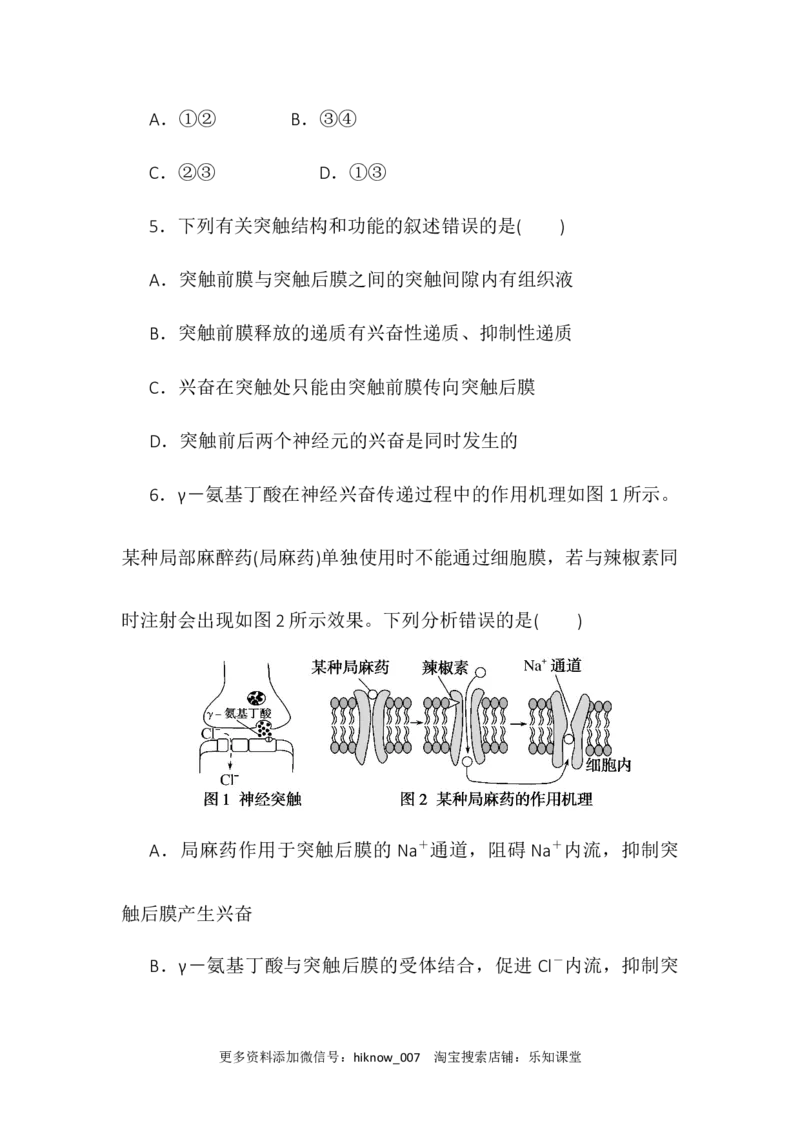 2.3神经冲动的产生和传导同步练习2022-2023学年高二上学期生物人教版选择性必修1_E015高中全科试卷_生物试题_选修1_2.同步练习_1.同步练习2023