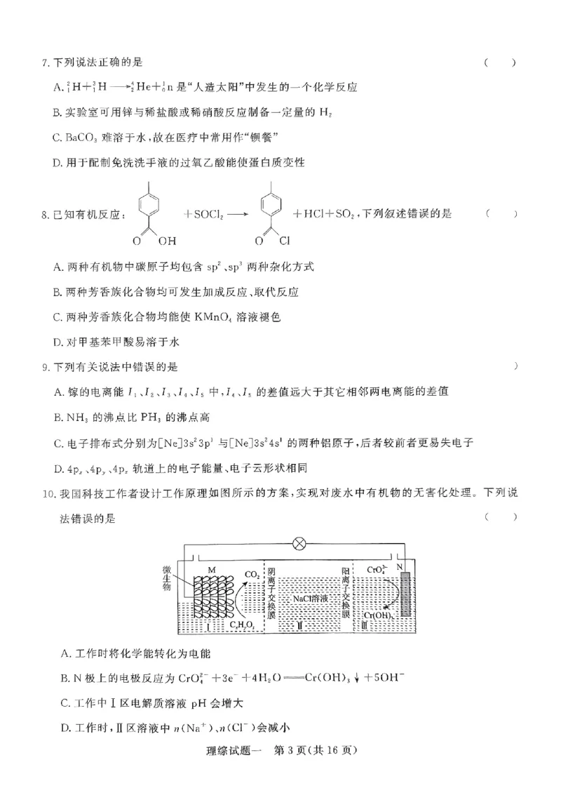 2024年青桐鸣大联考押题卷（一）理综试题_2024年5月_01按日期_13号_2024届青桐鸣大联考押题卷（一）