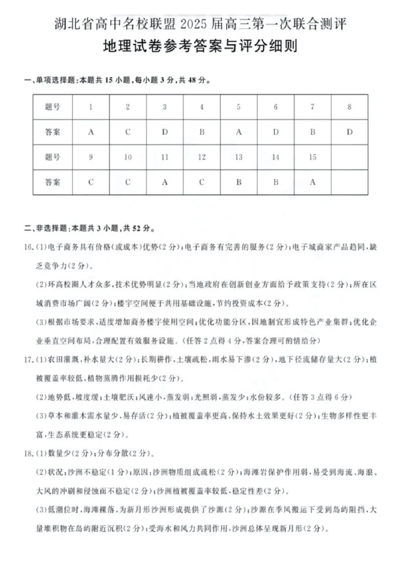 地理试卷答案_8月_240822湖北省圆创联盟2025届高三上学期8月开学考暨湖北省高中名校联盟2025届高三第一次联合测评_湖北省圆创联盟2025届高三上学期8月开学考地理