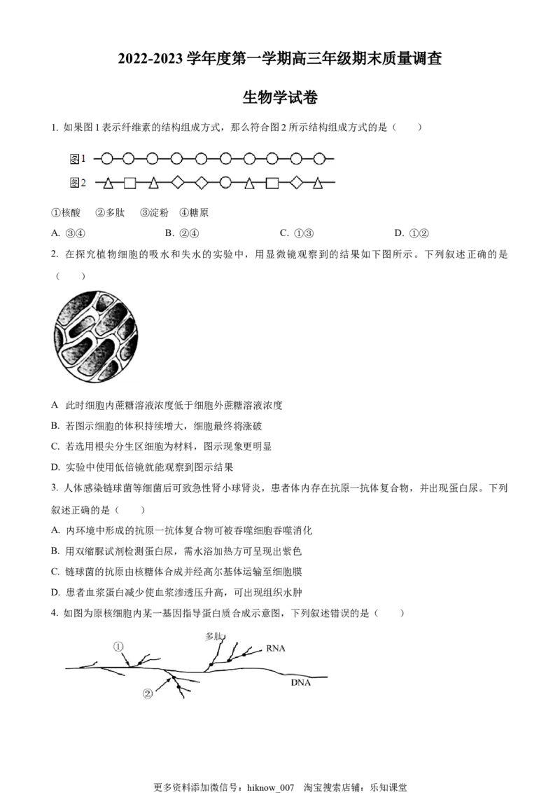 2022-2023学年高三上学期期末生物试题（原卷版）_E015高中全科试卷_生物试题_选修1_4期末试卷_2022-2023学年高三上学期期末生物试题2
