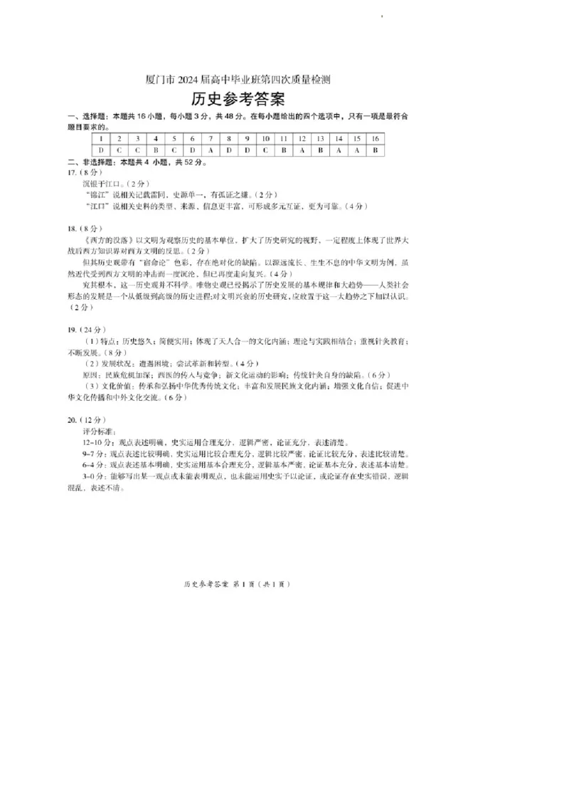 2024届福建省厦门市高三下学期第四次质量检测考试历史试题+答案(1)_2024年5月_025月合集_2024届福建省厦门市高三下学期联考模拟预测