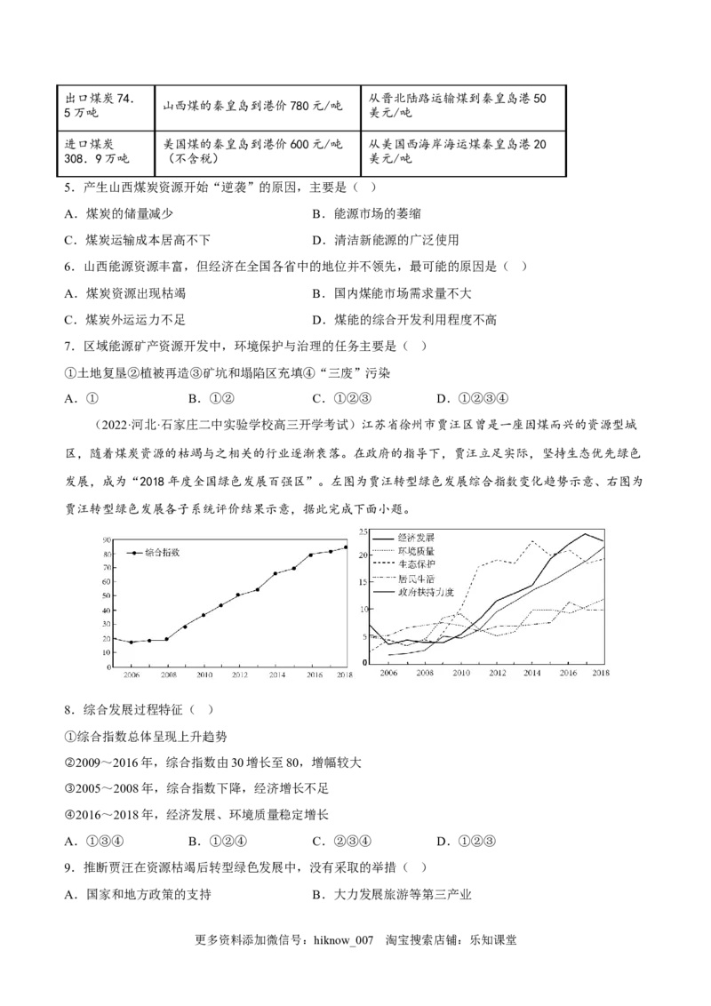 2.3资源枯竭型城市的转型发展-2022-2023学年高二地理课后培优分级练（人教版2019选择性必修2）（原卷版）_E015高中全科试卷_地理试题_选修2_2.同步练习_课后培优练2023年（第一套）