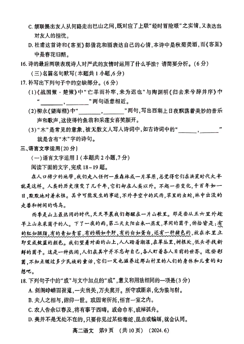 语文试卷及答案_6月_240613河南省洛阳市2023-2024学年高二下学期6月质量检测