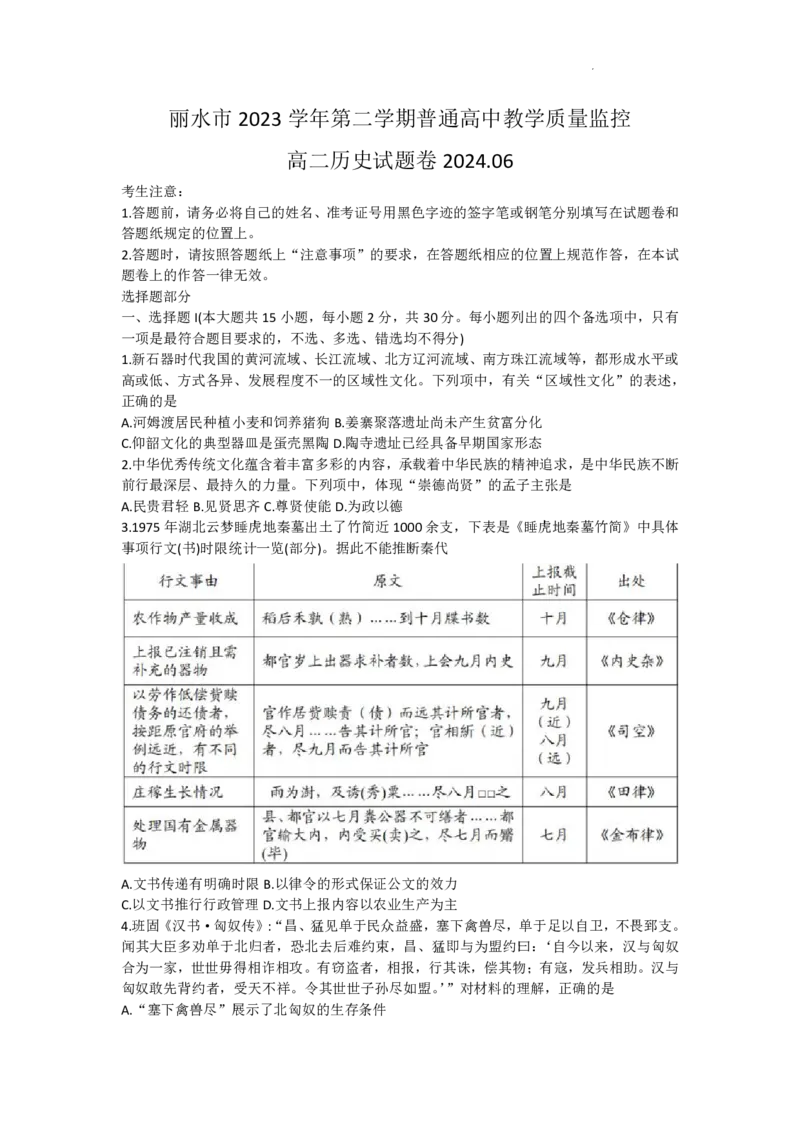 浙江省丽水市2023-2024学年高二下学期6月期末考试历史试题+答案_6月_240629浙江省丽水市2023-2024学年高二下学期6月期末考试