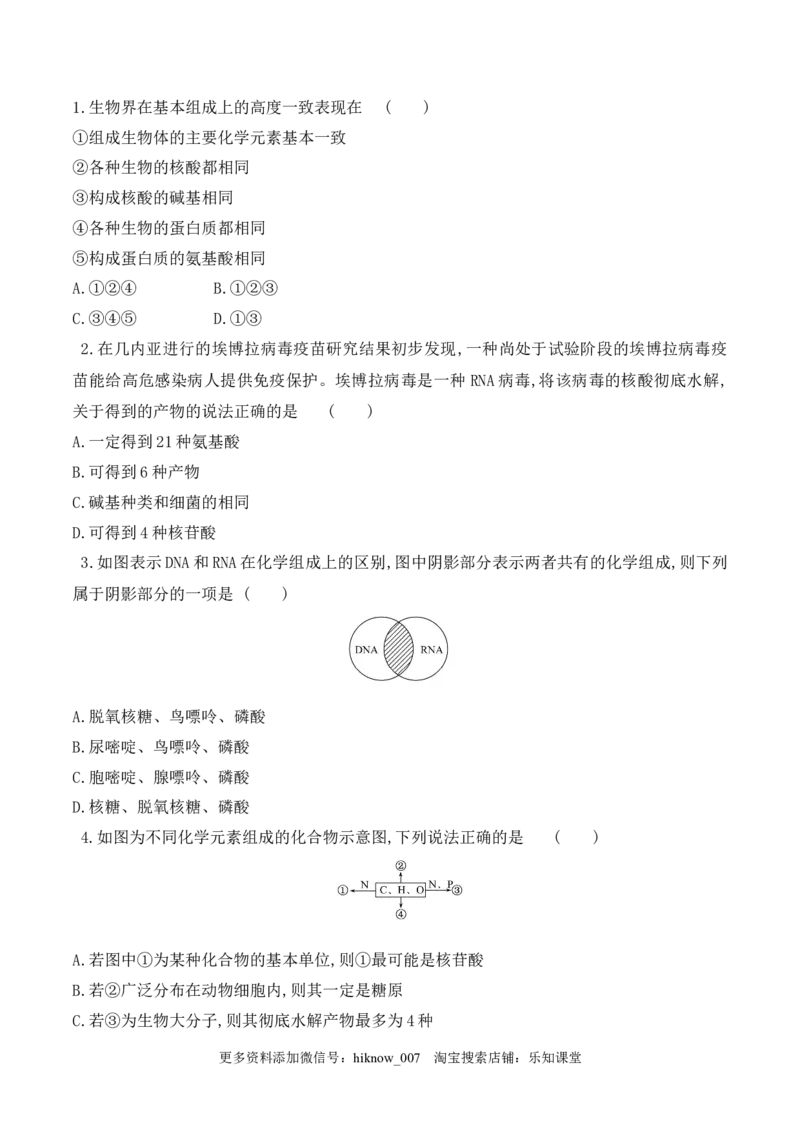 2.5核酸是遗传信息的携带者-2022-2023学年高一生物上学期课后培优分级练（2019人教版必修1）（原卷版）_E015高中全科试卷_生物试题_必修1_2.同步练习_1.同步练习（第一套）