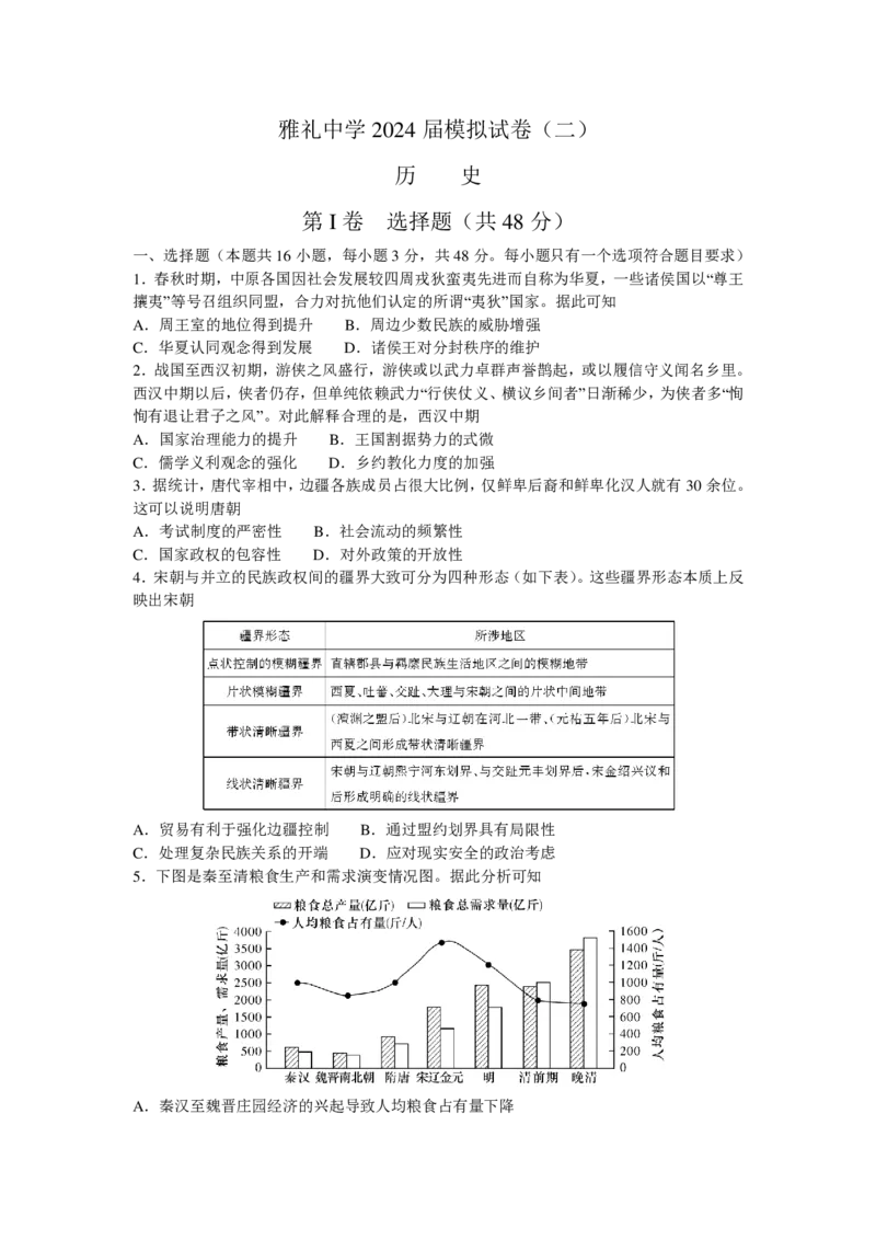 2024届湖南省雅礼中学高三下学期模拟试卷（二）历史+答案_2024年5月_01按日期_28号_2024届湖南省雅礼中学高三下学期模拟试卷（二）