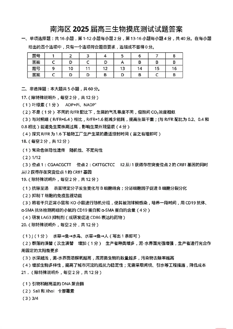 生物答案_9月_240901广东省佛山市南海区2024-2025学年高三上学期开学摸底测试