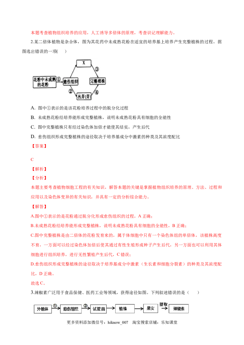 2.1植物细胞工程-2022-2023学年高二生物课后培优分级练（人教版2019选择性必修3）（解析版）_E015高中全科试卷_生物试题_选修3_2.同步练习_1.课后培优练2023