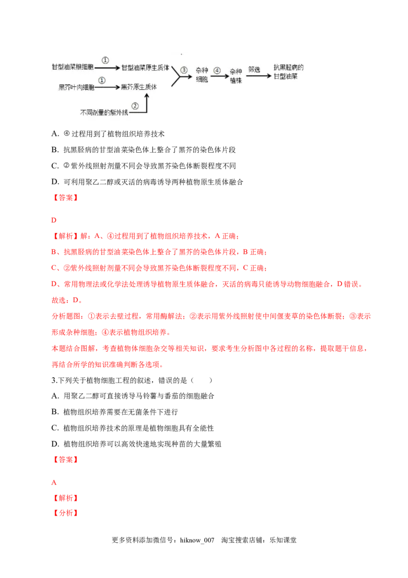 2.1植物细胞工程-2022-2023学年高二生物课后培优分级练（人教版2019选择性必修3）（解析版）_E015高中全科试卷_生物试题_选修3_2.同步练习_1.课后培优练2023