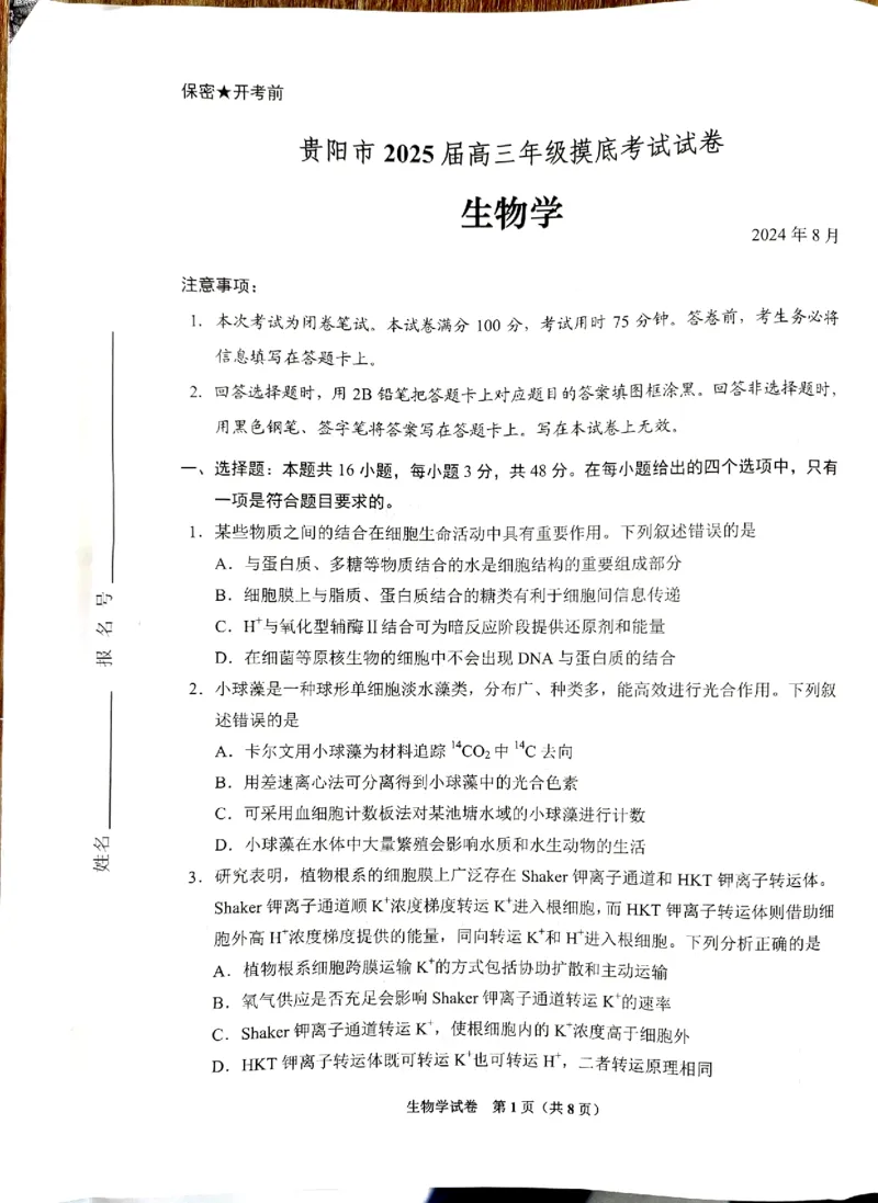 生物_8月_240816贵州贵阳市2025届高三上学期摸底考试（8月）_贵州贵阳市2025届高三上学期摸底考试（8月）生物学试题+答案
