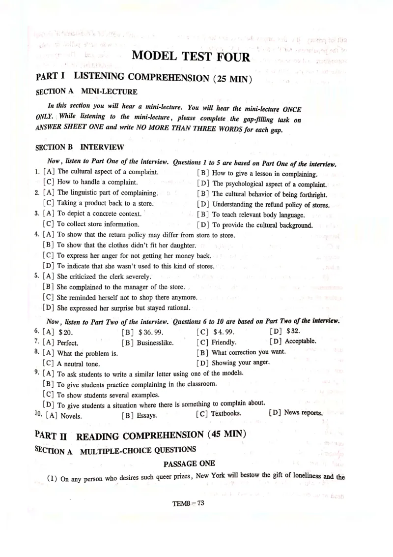 预测第四套_2025专四专八真题及备考资料_2009-2024专八真题+备考资料_24专八预测押题卷_专八预测卷5套_预测卷