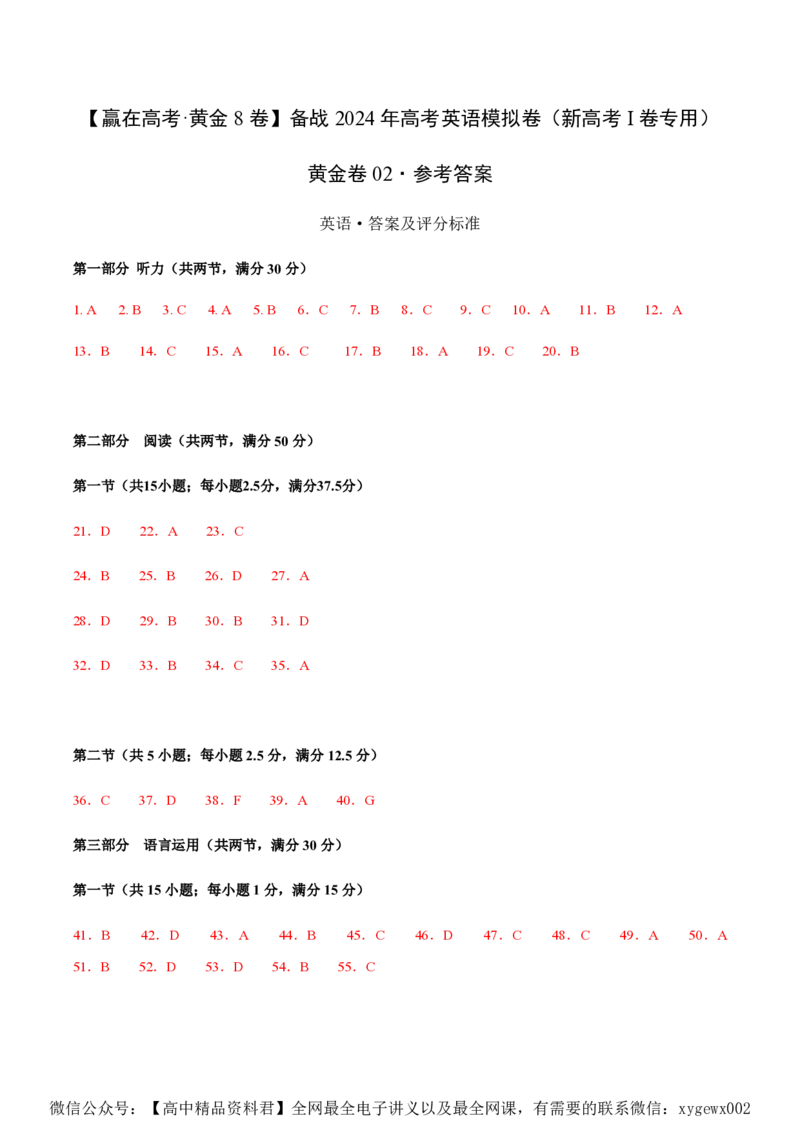 黄金卷02-赢在高考&middot;黄金8卷备战2024年高考英语模拟卷（新高考Ⅰ卷专用）（参考答案）_2024高考押题卷_92024赢在高考全系列_赢在高考&middot;黄金8卷备战2024年高考英语模拟卷