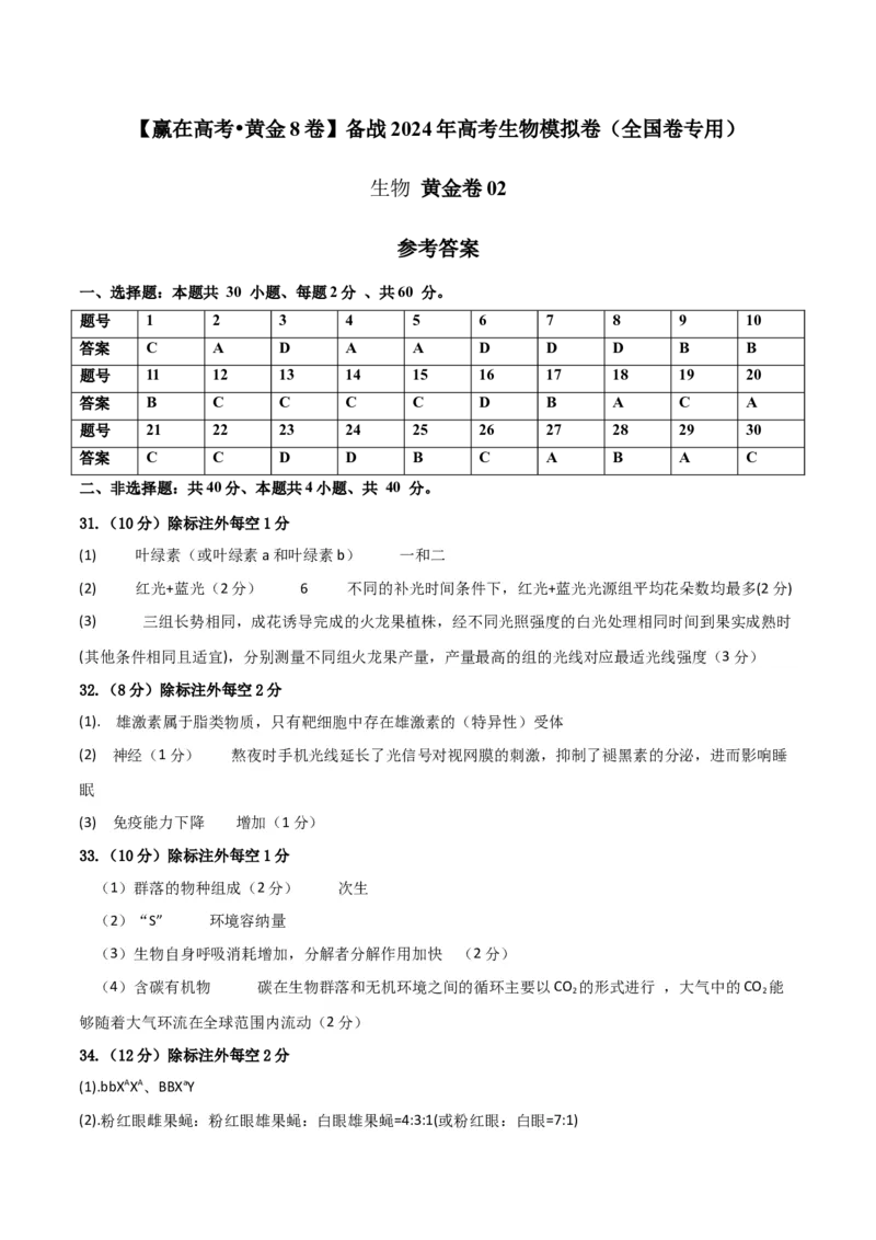 黄金卷02（参考答案）-赢在高考&middot;黄金8卷备战2024年高考生物模拟卷（全国卷专用）_2024高考押题卷_92024赢在高考全系列_赢在高考&middot;黄金8卷备战2024年高考生物模拟卷