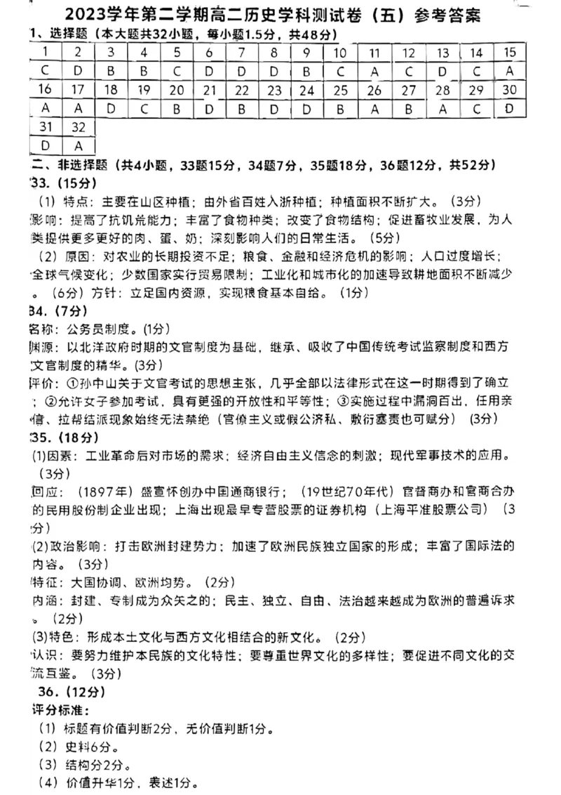 浙江省杭州学军中学2023-2024学年高二下学期测试（五）历史试题_6月_240617浙江省杭州学军中学2023-2024学年高二下学期测试（五）