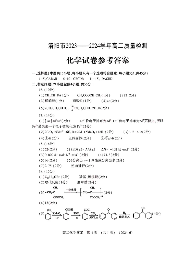 化学试卷及答案_6月_240613河南省洛阳市2023-2024学年高二下学期6月质量检测
