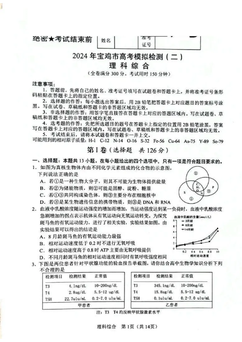 2024届陕西省宝鸡市高三下学期第二次模拟考试理科综合试题_2024年3月_013月合集_2024届陕西省宝鸡市高三下学期高考模拟检测(二)