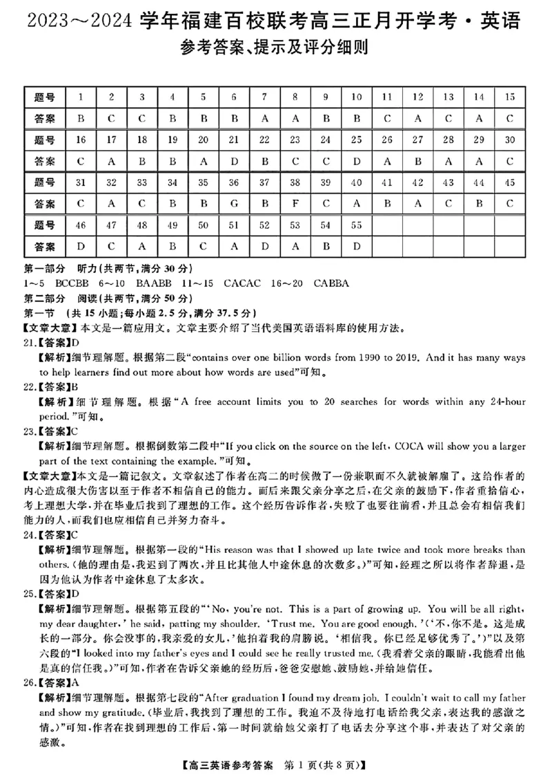 2024福建省百校联考高三正月开学考（金科大联考）英语(1)_2024年2月_022月合集_2024届福建省百校联考高三正月开学考（金科大联考）