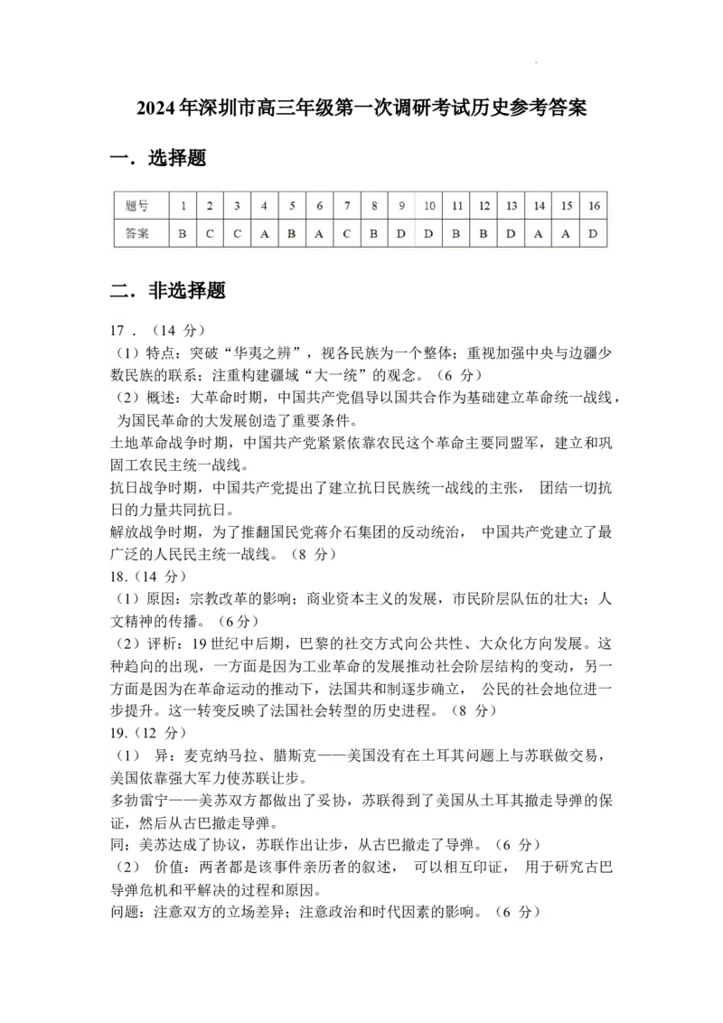 2024年深圳市高三年级第一次调研考试历史参考答案_2024年3月_013月合集_2024届广东省深圳市高三一模考试_2024年深圳市高三年级第一次调研考试历史