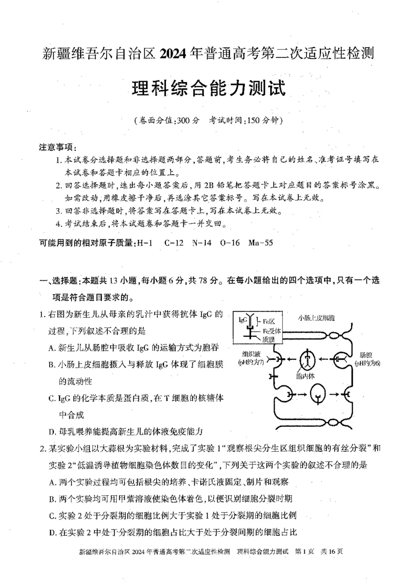 2024新疆二模理综试题_2024年4月_01按日期_14号_2024届新疆维吾尔自治区高三第二次适应性检测_新疆维吾尔自治区2024届高三第二次适应性检测理综