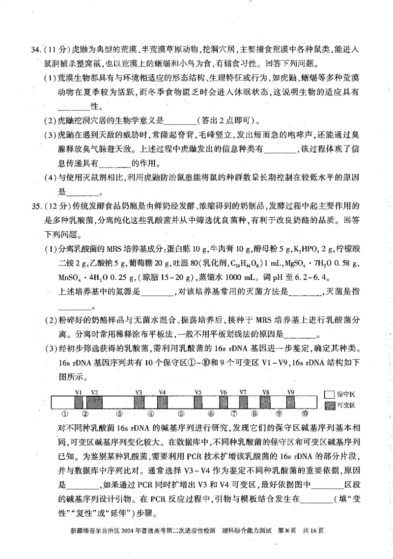 2024新疆二模理综试题_2024年4月_01按日期_14号_2024届新疆维吾尔自治区高三第二次适应性检测_新疆维吾尔自治区2024届高三第二次适应性检测理综